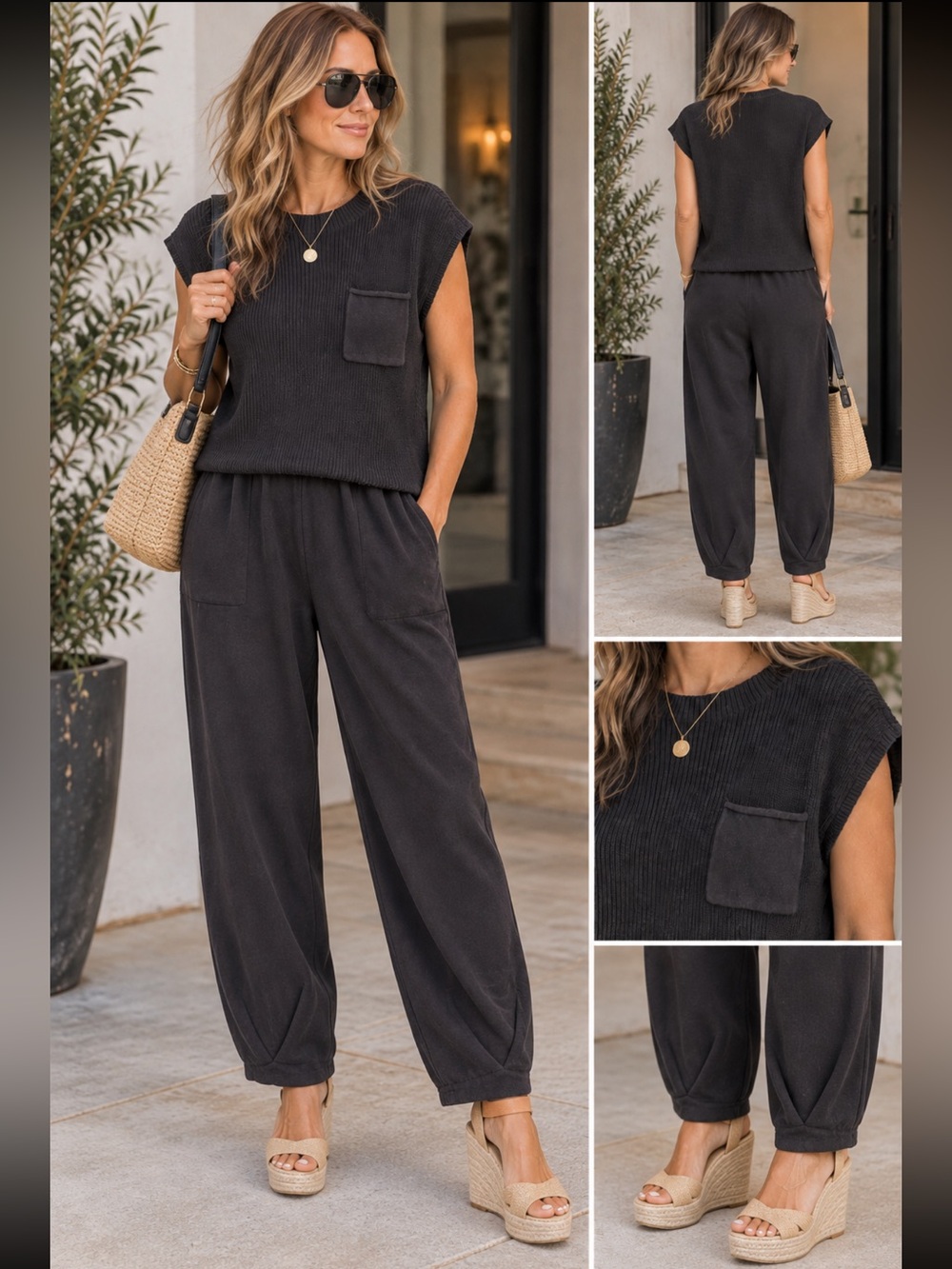 Anrabess Women’s Casual Black Ribbed Pocket Two- Piece Elevated Set, Size Medium